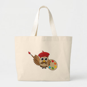 Grand Tote Bag Caricature de Chouette Peintre Cute