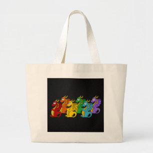 Grand Tote Bag Caricature de dragons colorés arc-en-ciel