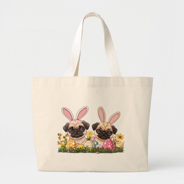 Grand Tote Bag Carlin de Pâques Chiens Lapin Oreilles (Devant)