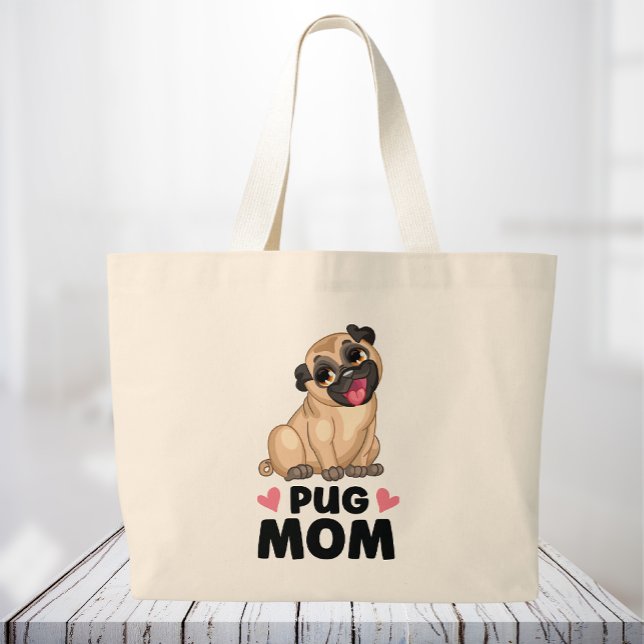 Grand Tote Bag Carlin mignon Maman Cartoon Chiot Amoureux des chi (Créateur téléchargé)