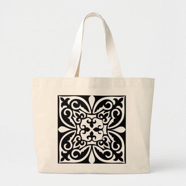 Grand Tote Bag Carrelage marocain - noir avec arrière - plan blan (Devant)