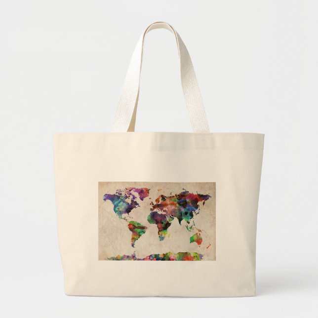 Grand Tote Bag Carte du monde Aquarelle urbaine (Devant)