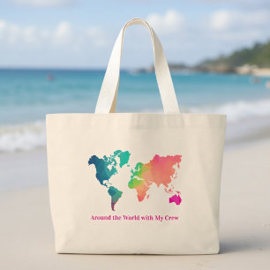 Grand Tote Bag Carte du monde colorée personnalisée pour les vaca