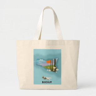 Grand Tote Bag Carte illustrée Sicile poster voyage