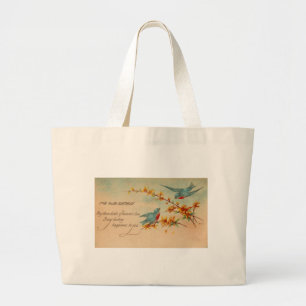Grand Tote Bag Carte postale de cru d'oiseaux bleus