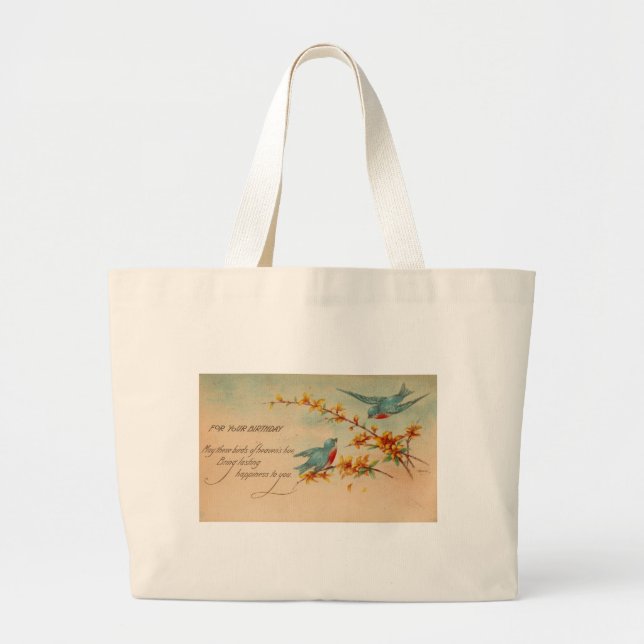 Grand Tote Bag Carte postale Vintage Birday Bluebirds (Devant)