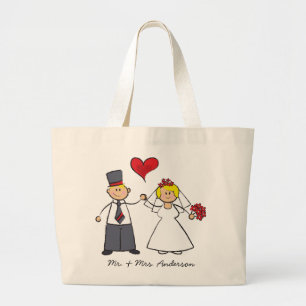 Grand Tote Bag Cartoon Mariage Couple Mariée & Groom Coeur rouge