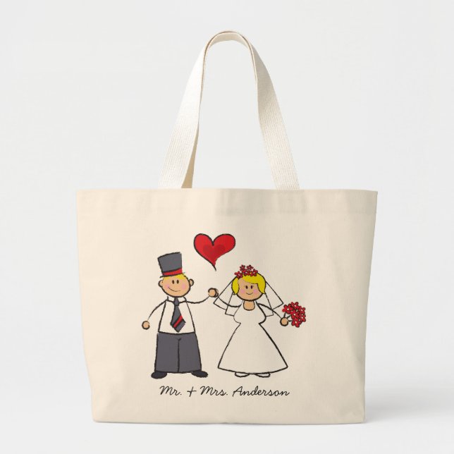 Grand Tote Bag Cartoon Mariage Couple Mariée & Groom Coeur rouge (Devant)