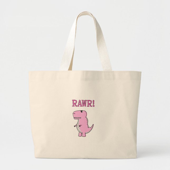 Grand Tote Bag Cartoon T-Rex Dinosaur Mignonne Et Rose En Colère (Devant)