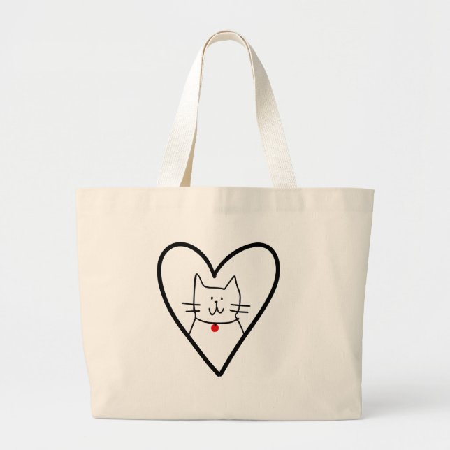 Grand Tote Bag Cat in Heart Doodle  (Devant)
