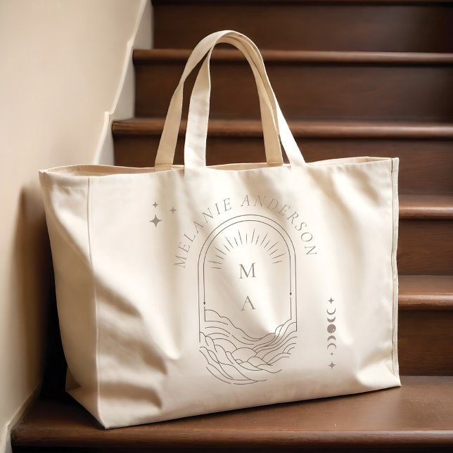 Grand Tote Bag Céleste Moon Star Monogramme Boho Bridesmaid Nom (Celestial Moon Star Monogram Boho Bridesmaid Name Large Tote Bag)