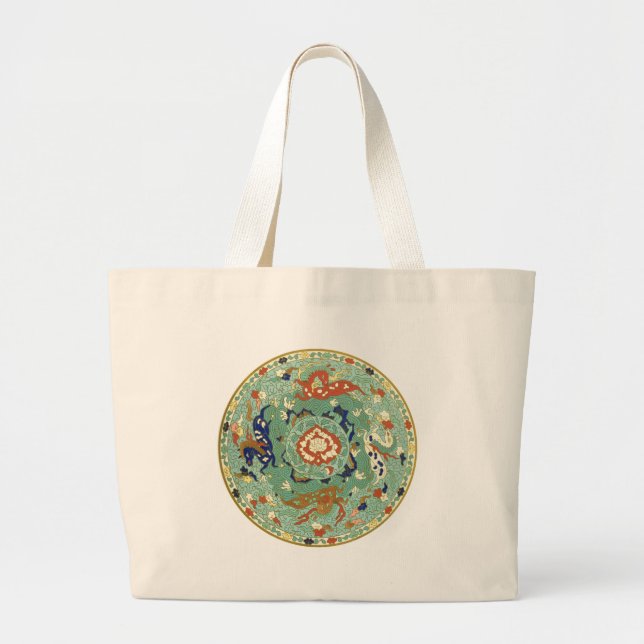 Grand Tote Bag Cercle chinois antique bleu vert (Devant)