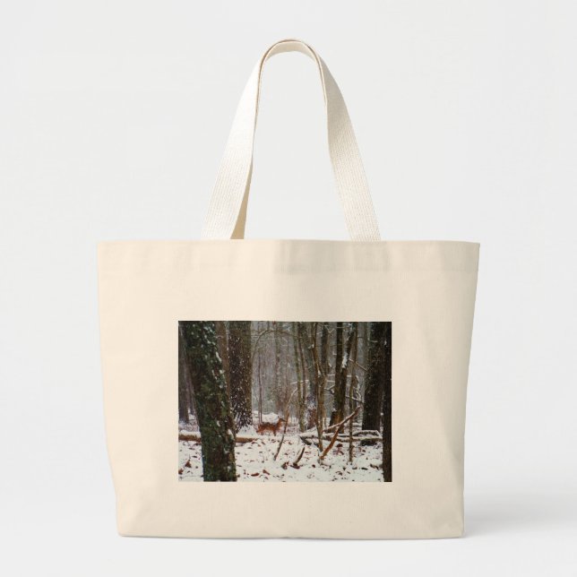 Grand Tote Bag Cerf dans la chute de neige (Devant)