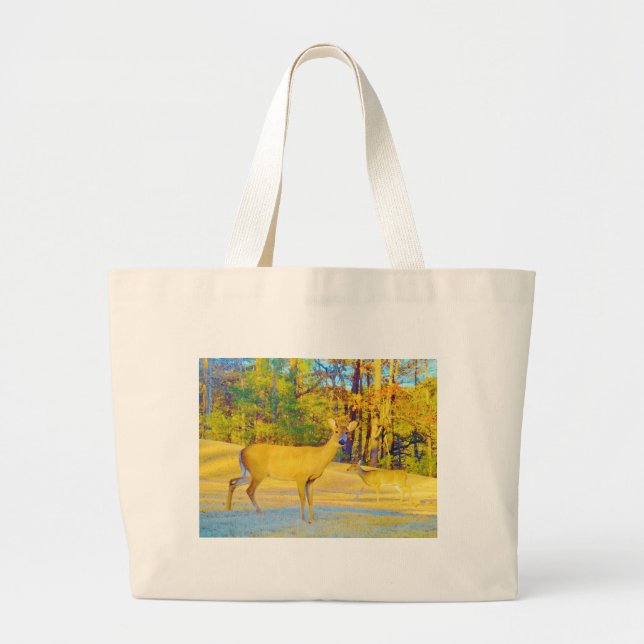 Grand Tote Bag Cerf de couleur moutarde avec bleu clair (Devant)