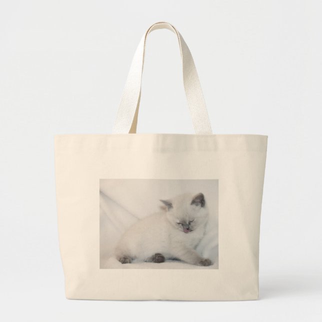 Grand Tote Bag Chat blanc faisant sa toilette (Devant)