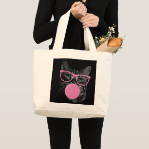 Grand Tote Bag Chat cool avec lunettes roses et gomme à bulles