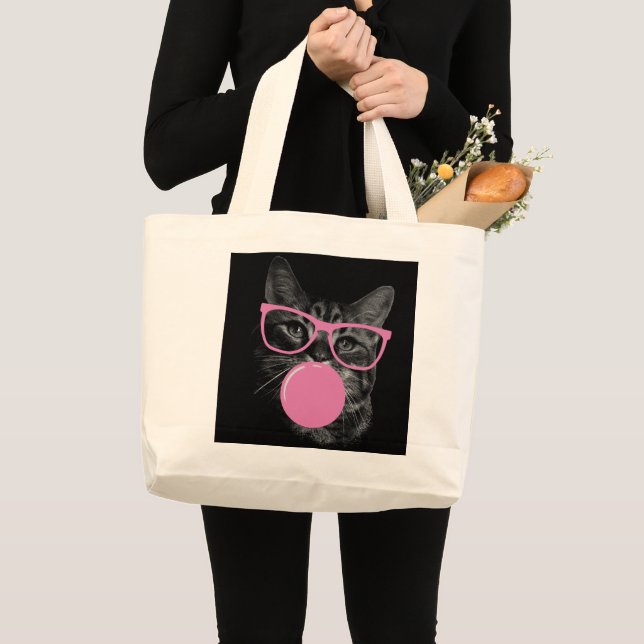 Grand Tote Bag Chat cool avec lunettes roses et gomme à bulles (Devant (produit))