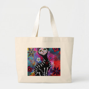 Grand Tote Bag Chat de Dia de los Muertos Meow par Prisarts
