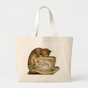 Grand Tote Bag Chat et tasse de thé vintage victorien