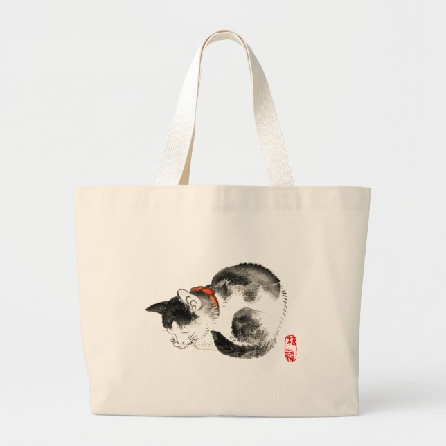 Grand Tote Bag Chat japonais couché noir et blanc (Devant)