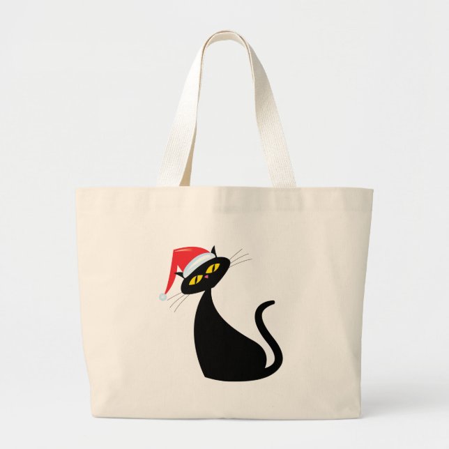 Grand Tote Bag Chat noir à Santa Hat (Devant)