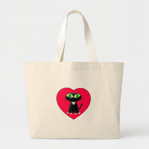 Grand Tote Bag Chat noir dans le coeur rouge
