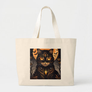 Grand Tote Bag Chat noir, Pleine lune et chauves-souris