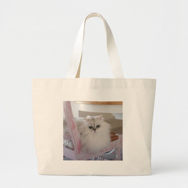 Grand Tote Bag Chat perse blanc sur une chaise rose (Devant)