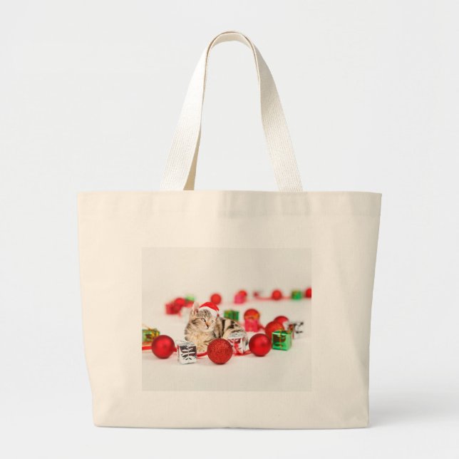 Grand Tote Bag Chat portant le chapeau rouge du Père Noël (Devant)