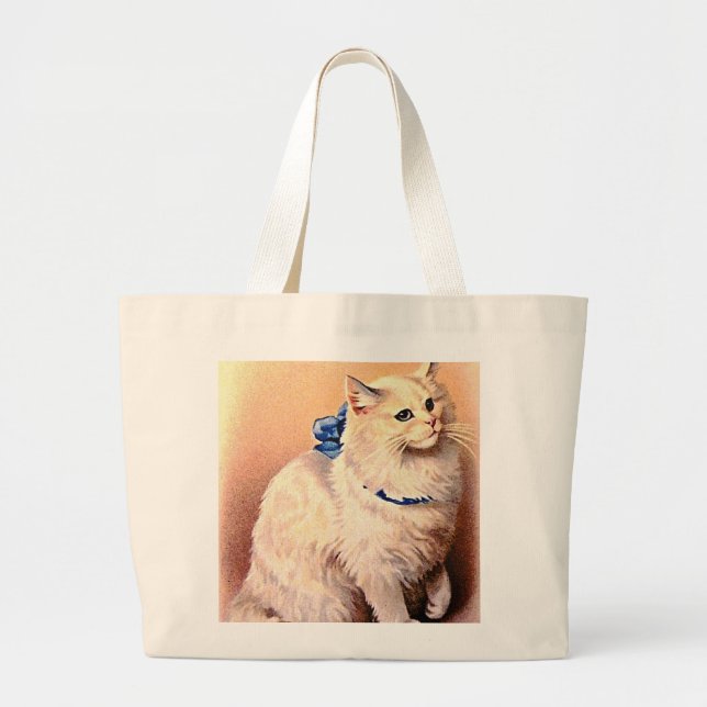 Grand Tote Bag Chat vintage avec Bleu Bow (Devant)