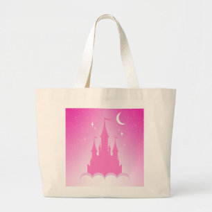 Grand Tote Bag Château rêveur rose dans le ciel étoilé de lun