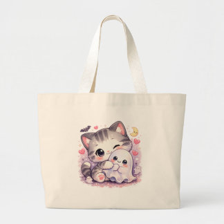 Grand Tote Bag Chaton Câlin Fantôme Kawaii 