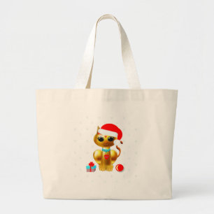 Grand Tote Bag Chaton de dessin animé doré mignon de Noël
