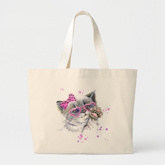 Grand Tote Bag Chaton mignon d'aquarelle (Devant)