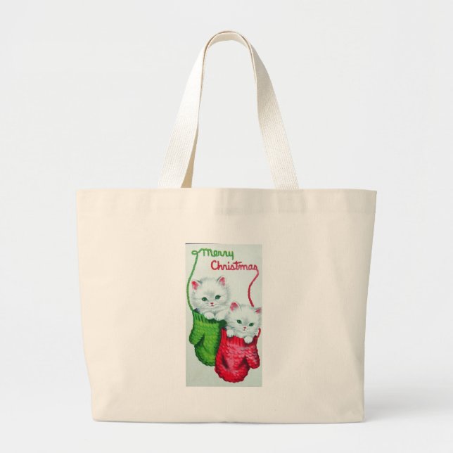 Grand Tote Bag Chatons en Mittens Joyeux Noël (Devant)