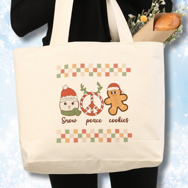 Grand Tote Bag Chemise de Noël affreuse Retro (Retro Hippie Christmas Tote bag, Snowman, Snow,peace,cookies tote)