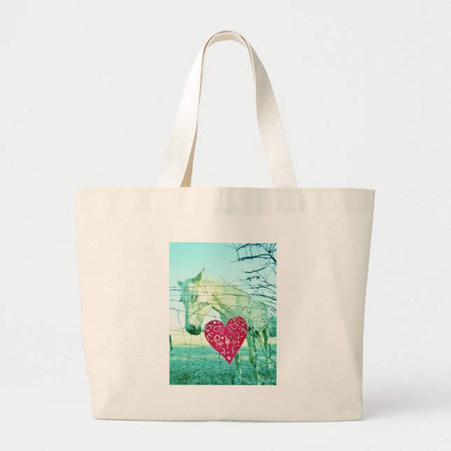 Grand Tote Bag Cheval Blanc Coeur Rouge Saint Valentin (Devant)