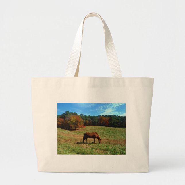 Grand Tote Bag Cheval Brown rouge, arbres de chute, ciel bleu (Devant)