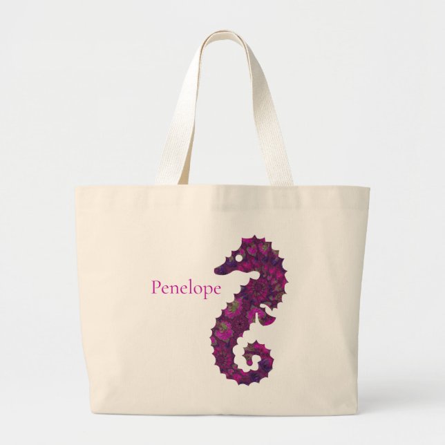Grand Tote Bag Cheval de mer fragile rose et pourpre avec le nom (Devant)
