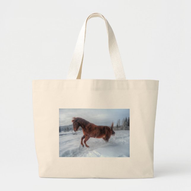 Grand Tote Bag Cheval Sorrel, émerveillé par la neige hivernale (Devant)