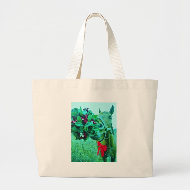 Grand Tote Bag Cheval Turquoise Mistletoe de Noël (Devant)