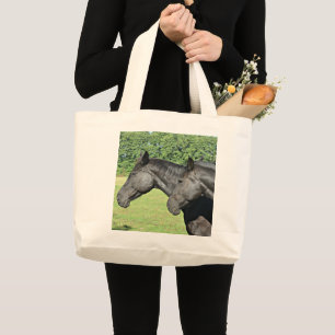 Grand Tote Bag Chevaux noirs dans une prairie ensoleillée