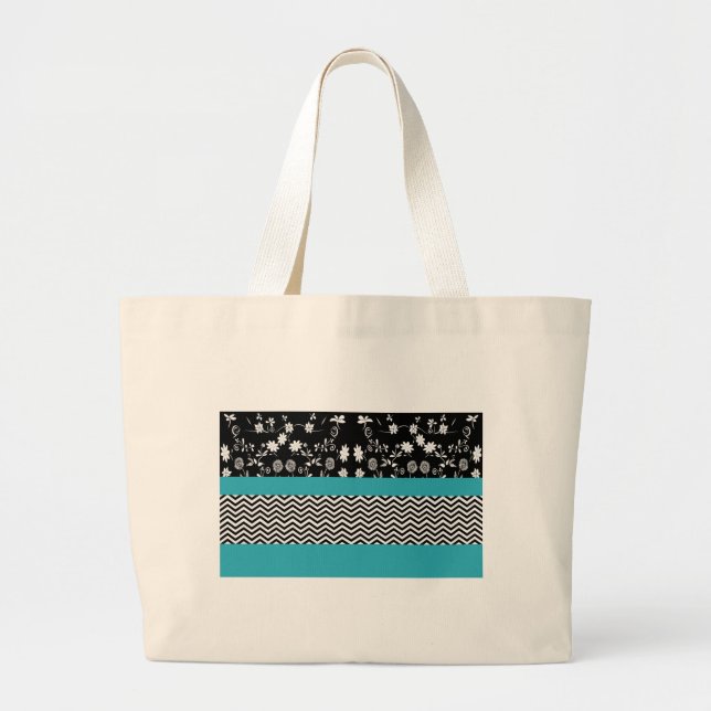 Grand Tote Bag chevron floral bleu (Devant)