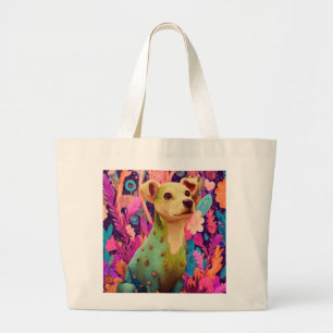 Grand Tote Bag Chien-cactus du désert fleuri