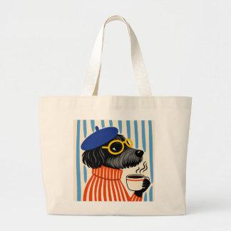 Grand Tote Bag Chien Caniche Noir Cool Buvant du Café avec un Bér