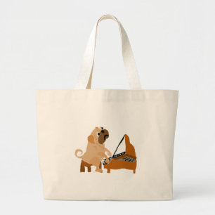 Grand Tote Bag Chien drôle de carlin jouant le piano