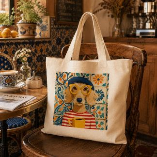 Grand Tote Bag Chien Français Cool Buvant du Café et Portant un C
