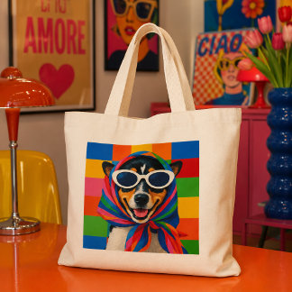 Grand Tote Bag Chien heureux dans un foulard Babouchka arc-en-cie