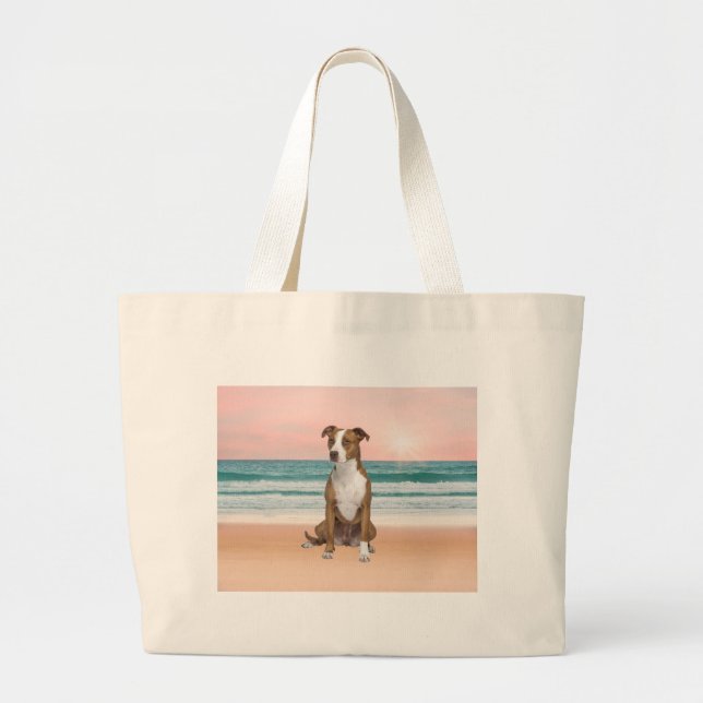 Grand Tote Bag Chien Pitbull mignon assis sur la plage avec couch (Devant)