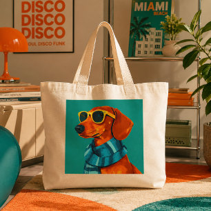 Grand Tote Bag Chien saucisson cool portant une écharpe et des lu